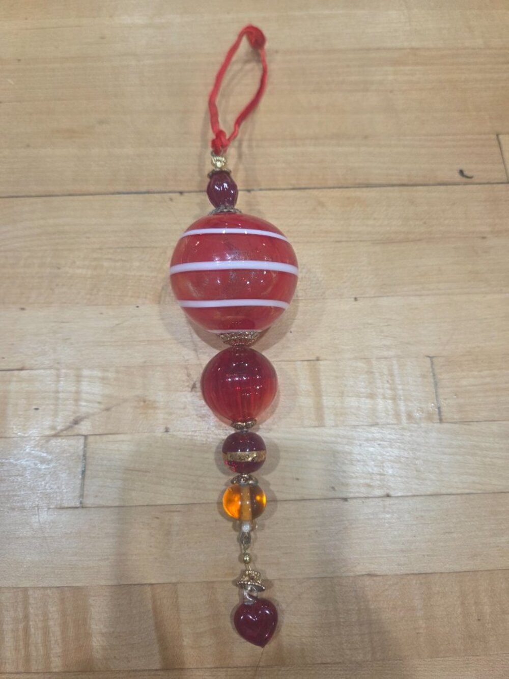 Vintage Murano Style Red Art Glass Striped Pendant Ornament Metal Filigree Heart